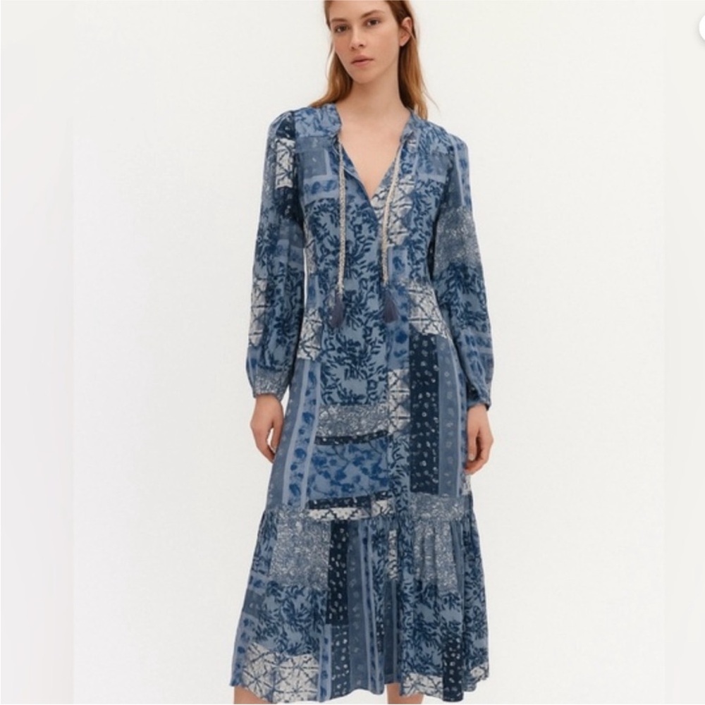 Frye Women L Blue Chambray Patchwork Boho Western Long Sleeve Dress Cottagecore